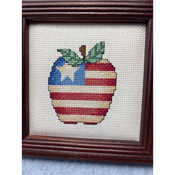 Patriotic Apple Cross Stitch Wall Decor Framed Wood 6"x6" Handmade Rustic Americ - Picture 8 of 14